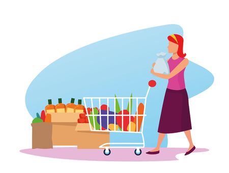 avatar woman with supermarket car with groceries, colorful design , vector illustrationのイラスト素材