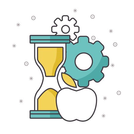 hourglass with gears wheels and apple over white background, vector illustrationのイラスト素材