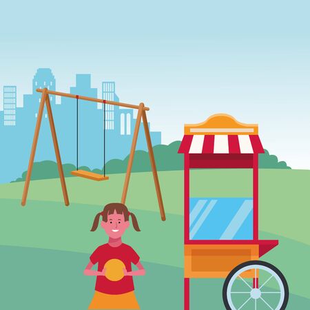 kids zone, cute girl with ball and swing food booth playground vector illustrationのイラスト素材