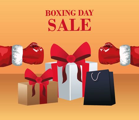 Boxing sale design with boxing gloves with gift boxes and shopping bag over orange background, colorful design, vector illustrationのイラスト素材