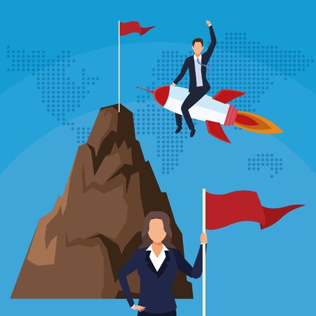 businessman in rocket businesswoman with mountain flag success start up business vector illustrationのイラスト素材
