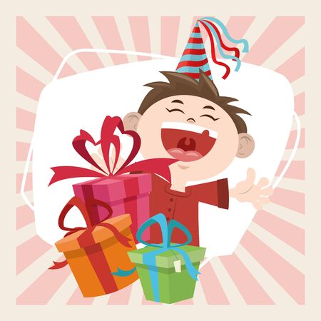 happy birthday celebration funny boy with party hat and gifts vector illustrationのイラスト素材