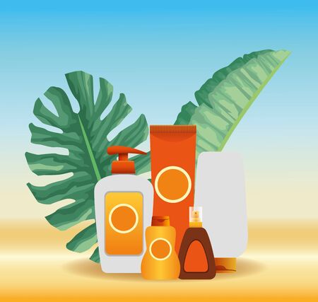summer time in beach vacations sun bronzer and sunblock cream skincare tropic foliage vector illustrationのイラスト素材