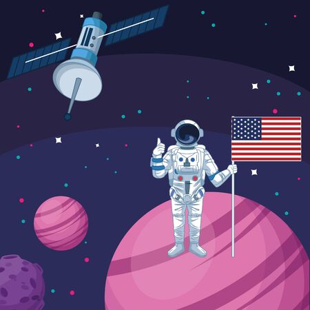 astronaut with american flag planets satellite space exploration vector illustrationのイラスト素材