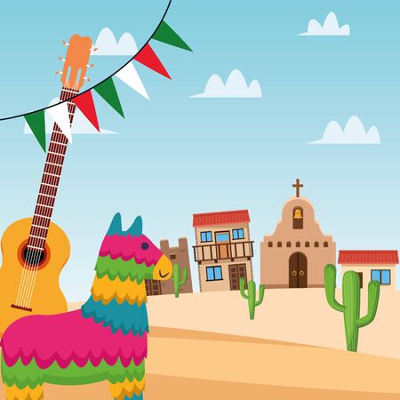 Mexican pinata and guitar design, Mexico culture tourism landmark latin and party theme Vector illustrationのイラスト素材