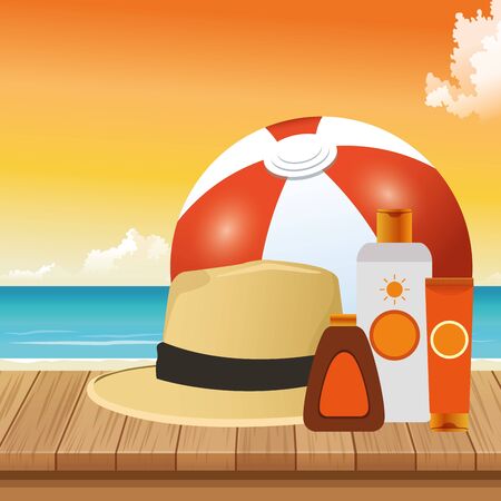 summer time in beach ball hat creams skin care vacations vector illustrationのイラスト素材