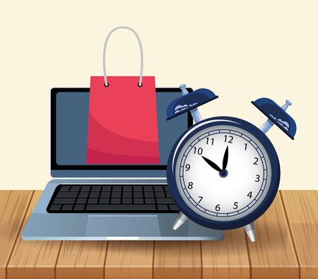 Laptop computer, clock and shopping bag over wooden table and white background, colorful design, vector illustrationのイラスト素材