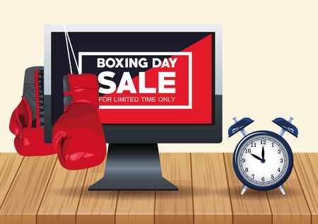 boxing day sale poster with desktop and alarm clock vector illustration designのイラスト素材