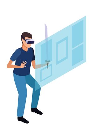 virtual reality technology, young man living a modern digital experience with headset glassesand sword cartoon vector illustration graphic designのイラスト素材