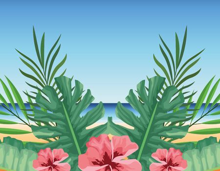 summer time in beach vacations hibiscus flowers palm tropical leaves vector illustrationのイラスト素材