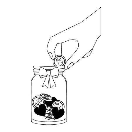 hand with bottle with coins over white background, vector illustrationのイラスト素材
