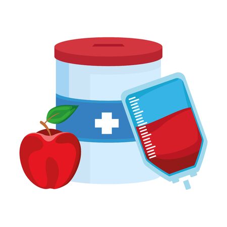 donation tin, apple fruit and blood bag over white background, colorful design, vector illustrationのイラスト素材