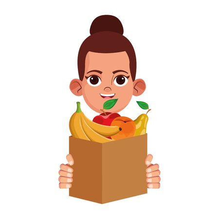 cartoon girl holding a box with fruits icon over white background, vector illustrationのイラスト素材