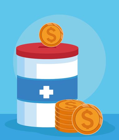 donation tin with money coins over blue background, colorful design, vector illustrationのイラスト素材