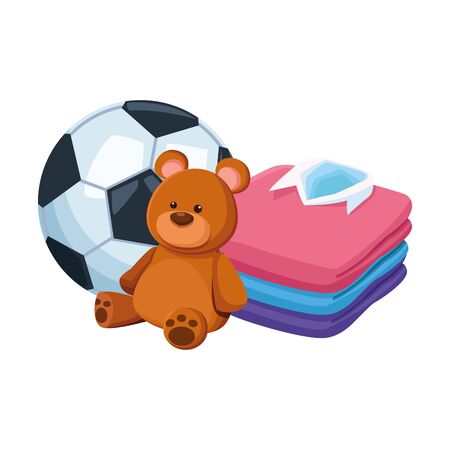 soccer ball, bear and shirts stack over white background, colorful design, vector illustrationのイラスト素材