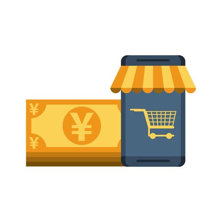 golden bills yens money with smartphone vector illustration designのイラスト素材