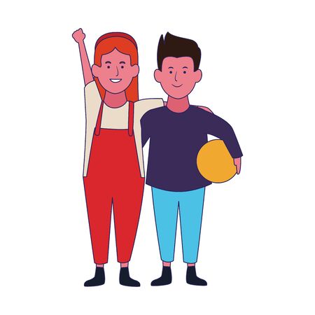happy boy and girl with a ball over white background, vector illustrationのイラスト素材
