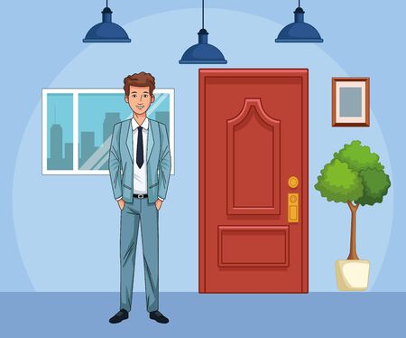 cartoon businessman standing inside the office, colorful design , vector illustrationのイラスト素材