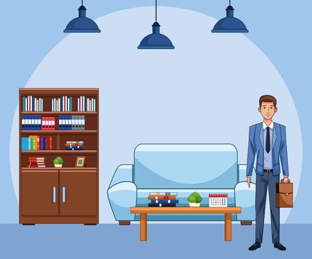 cartoon businessman at office workplace over blue background, colorful design , vector illustrationのイラスト素材