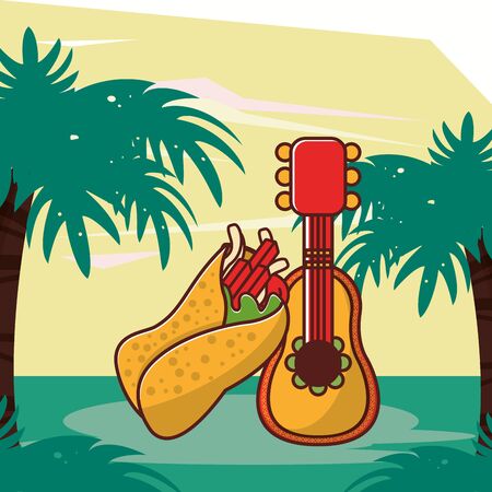 delicious burrito mexican food with guitar vector illustration designのイラスト素材