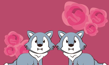 happy valentines day card with cute wolves couple vector illustration designのイラスト素材