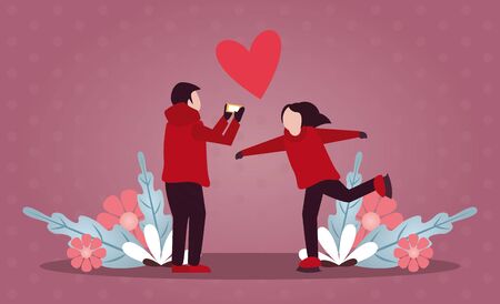 young lovers couple with winter clothes and love season vector illustration designのイラスト素材