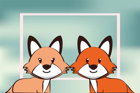 happy valentines day card with cute foxes couple vector illustration designのイラスト素材