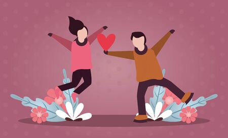 young lovers couple with winter clothes and love season vector illustration designのイラスト素材