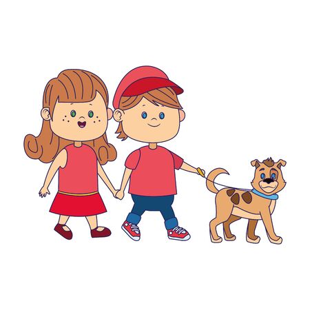 happy couple walking with cute dog over white background, vector illustrationのイラスト素材