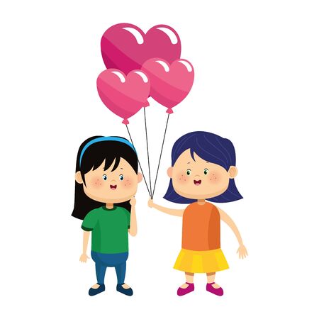 cartoon girls with heart balloons over white background, vector illustrationのイラスト素材