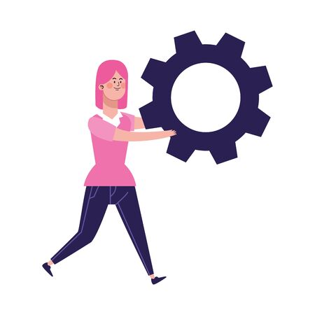 cartoon boy with big gear wheel icon over white background, colorful design, vector illustrationのイラスト素材