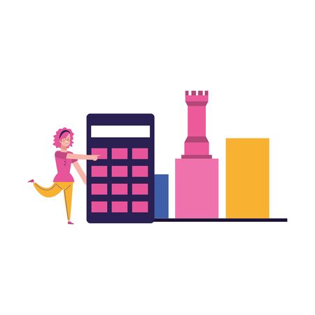 woman with calculator, graphic chart and rook piece over white background, colorful design, vector illustrationのイラスト素材