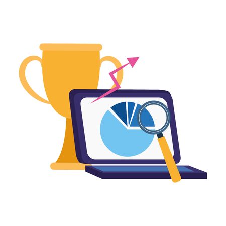 trophy cup, laptop computer and magnifying glass over white background, colorful design, vector illustrationのイラスト素材