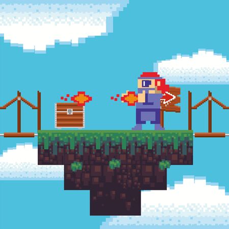 video game warrior shooting weapon in pixelated scene vector illustration designのイラスト素材
