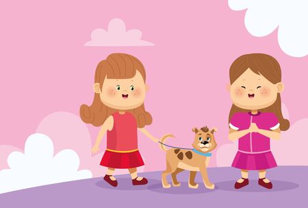 happy girls with cute dog over pink background, colorful design, vector illustrationのイラスト素材