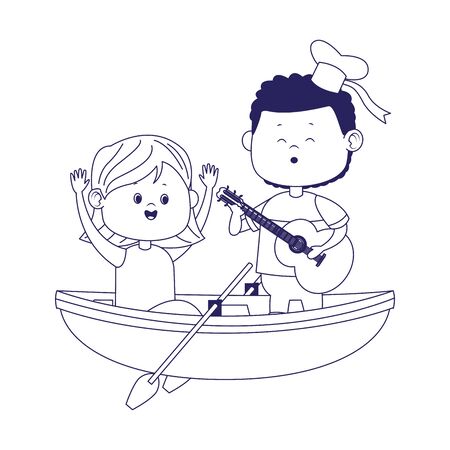happy girl and boy singing in wooden canoe over white background, flat design, vector illustrationのイラスト素材