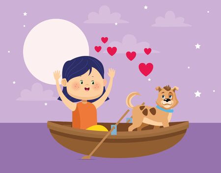 happy girl and dog in wooden canoe over purple nightfall background, colorful design, vector illustrationのイラスト素材