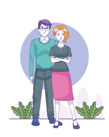 cartoon happy man and woman standing over white background, colorful design, vector illustrationのイラスト素材