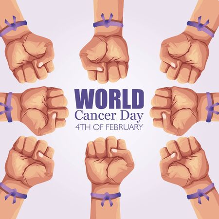 world cancer day poster with hands and ribbon vector illustration designのイラスト素材