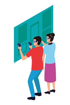 virtual reality technology, young couple living a modern digital experience with headset glassesand joysticks cartoon vector illustration graphic designのイラスト素材