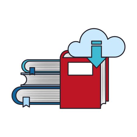 ebook and online library design. books and cloud with download arrow over white background, vector illustrationのイラスト素材