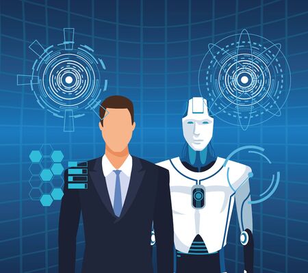 artificial intelligence technology man and cyborg into virtual reality vector illustrationのイラスト素材