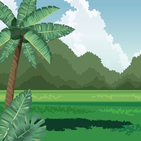 tropical palm coconut field leaves mountains background vector illustrationのイラスト素材