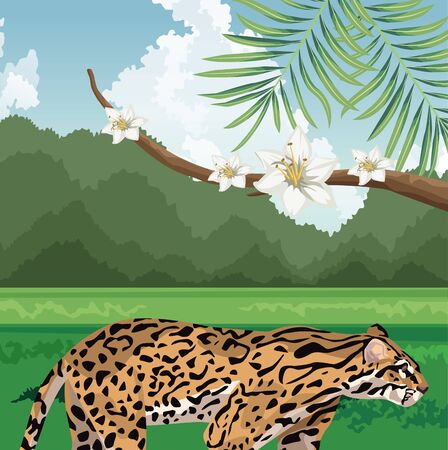 leopard branch with flowers tropical fauna and flora landscape vector illustrationのイラスト素材