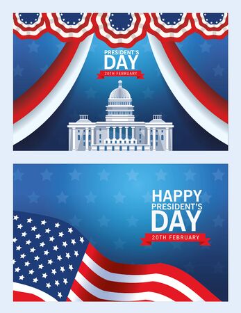 happy presidents day poster with usa capitol building and flag vector illustration designのイラスト素材
