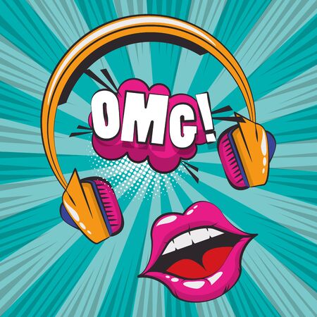poster pop art style with female mouth and earphones vector illustration designのイラスト素材