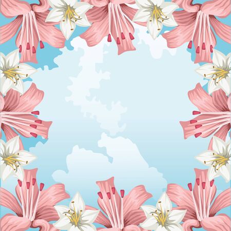 flowers hibiscus exotic floral sky clouds tropical background vector illustrationのイラスト素材