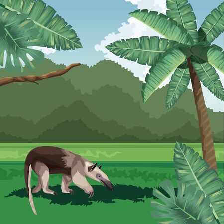 anteater palms leaves bush tropical fauna and flora landscape vector illustrationのイラスト素材