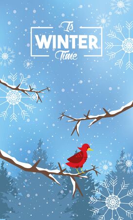 winter poster with snowflakes and forest scene vector illustration designのイラスト素材