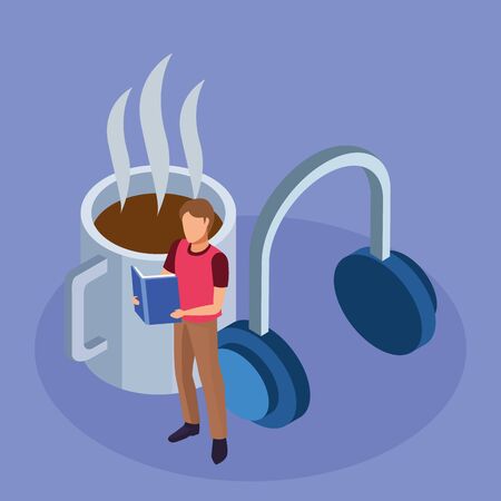 coffee mug, headphones and man reading a book over purple background, isometric and colorful design, vector illustrationのイラスト素材
